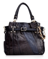 Get carried away with this fabulous design from Elliott Lucca. Stitched leather panels and shiny gold-tone hardware create a one-of-a-kind style on this take-anywhere tote. Get carried away with this fabulous design from Elliott Lucca. Stitched leather panels and shiny gold-tone hardware create a one-of-a-kind style on this take-anywhere tote.