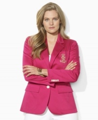 This plus size Lauren by Ralph Lauren jacket is crafted in sleek stretch cotton twill with a signature embroidered crest for a preppy look. This plus size Lauren by Ralph Lauren jacket is crafted in sleek stretch cotton twill with a signature embroidered crest for a preppy look.