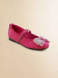 A beautiful, ballerina-inspired pair of flats with decorative bow and elastic strap for a perfect fit.Elastic strap across the vampSynthetic suede upperSynthetic suede liningRubber solePadded insoleImported A beautiful, ballerina-inspired pair of flats with decorative bow and elastic strap for a perfect fit.Elastic strap across the vampSynthetic suede upperSynthetic suede liningRubber solePadded insoleImported