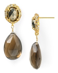 Art Deco influences inspire this pair of Alexis Bittar drop earrings, adorned by specially faceted stones, with an ornate gold tone setting at the compliment. Art Deco influences inspire this pair of Alexis Bittar drop earrings, adorned by specially faceted stones, with an ornate gold tone setting at the compliment.