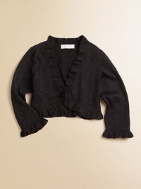 Cascading ruffles add girlish charm to a plush cotton bolero with metallic touches for dazzling style.Ruffled necklineThree-quarter sleeves with ruffled cuffsFront closureRuffled hemCottonMachine washImported Cascading ruffles add girlish charm to a plush cotton bolero with metallic touches for dazzling style.Ruffled necklineThree-quarter sleeves with ruffled cuffsFront closureRuffled hemCottonMachine washImported