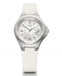 A petite design with guaranteed durability and reliability. Base Camp watch by Victorinox Swiss Army crafted of white rubber strap and round stainless steel case with hardened mineral crystal. White mother-of-pearl dial features applied silver tone numerals and stick indices, minute track, military time, date window, luminous hands and logo. Swiss quartz movement. Water resistant to 100 meters. Three-year limited warranty. A petite design with guaranteed durability and reliability. Base Camp watch by Victorinox Swiss Army crafted of white rubber strap and round stainless steel case with hardened mineral crystal. White mother-of-pearl dial features applied silver tone numerals and stick indices, minute track, military time, date window, luminous hands and logo. Swiss quartz movement. Water resistant to 100 meters. Three-year limited warranty.