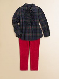 Classic tartan plaid adds heritage flair to a romantic ruffled blouse.Club collarLong sleeves with single-button cuffsButton-frontGathered back yokeShirttail hemCottonMachine washImported Please note: Number of buttons may vary depending on size ordered. Classic tartan plaid adds heritage flair to a romantic ruffled blouse.Club collarLong sleeves with single-button cuffsButton-frontGathered back yokeShirttail hemCottonMachine washImported Please note: Number of buttons may vary depending on size ordered.