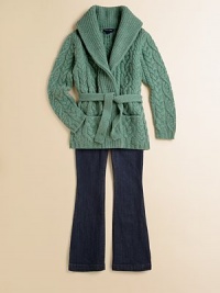 A stylish cardigan crafted in luxuriously plush cashmere is rendered in a cozy cable-knit design for added warmth.Ribbed shawl collarLong sleevesSelf-tie sashRibbed collar, cuffs and hemHip pocketsCashmereDry cleanImported A stylish cardigan crafted in luxuriously plush cashmere is rendered in a cozy cable-knit design for added warmth.Ribbed shawl collarLong sleevesSelf-tie sashRibbed collar, cuffs and hemHip pocketsCashmereDry cleanImported
