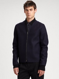 Woven cotton and knit trim create this sporty zip-front jacket.Front zipperKnit trimAbout 26 from shoulder to hemCottonDry cleanImported of Italian fabric