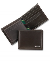 This leather wallet with preppy fabric trim gives you card-carrying style from Tommy Hilfiger. This leather wallet with preppy fabric trim gives you card-carrying style from Tommy Hilfiger.