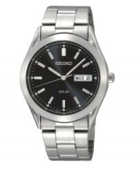 A new take on the sundial: Solar power and 10-month energy storage make this Seiko watch high-tech. Stainless steel bracelet and round case. Black dial features logo, silvertone stick indices amd hands and day/date window. Quick-start function and energy depletion warning. Solar quartz movement. Water resistant to 30 meters. Three-year limited warranty. A new take on the sundial: Solar power and 10-month energy storage make this Seiko watch high-tech. Stainless steel bracelet and round case. Black dial features logo, silvertone stick indices amd hands and day/date window. Quick-start function and energy depletion warning. Solar quartz movement. Water resistant to 30 meters. Three-year limited warranty.