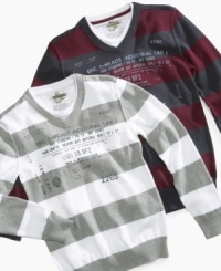 Allover stripes give this warm sweater from Epic Threads a preppy boost, perfect for balancing out his fall looks. Allover stripes give this warm sweater from Epic Threads a preppy boost, perfect for balancing out his fall looks.