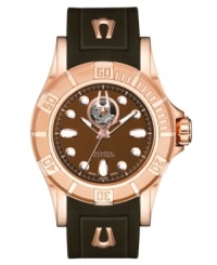 Revered for unparalleled precision, Bulova Accutron presents this stunning and contemporary watch from the Kirkwood collection. Black rubber strap and round rose gold tone stainless steel case with clear back and sapphire crystal. Brown wave-patterned dial features dot markers and stick indices, minute track, three rose gold tone hands, logo and aperture view of the movement at twelve o'clock. Swiss mechanical Sellita movement. Water resistant to 100 meters. Five-year limited warranty. Revered for unparalleled precision, Bulova Accutron presents this stunning and contemporary watch from the Kirkwood collection. Black rubber strap and round rose gold tone stainless steel case with clear back and sapphire crystal. Brown wave-patterned dial features dot markers and stick indices, minute track, three rose gold tone hands, logo and aperture view of the movement at twelve o'clock. Swiss mechanical Sellita movement. Water resistant to 100 meters. Five-year limited warranty.