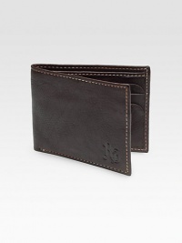 A slim-fold design travels discreetly in your pockets, while keeping your cash and cards neatly organized, cut from pebbled vegetable leather with contrast stitching and a digital printed lining for signature appeal.One billfold compartmentSix card slotsCotton twill/leather liningLeather4W x 3HImported