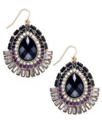 Bold colors captivate on Bar III's drop earrings. The oval design gets an edgy upgrade with acrylic stones in jet, clear and purple hues. Crafted in gold tone mixed metal. Approximate drop: 3 inches. Bold colors captivate on Bar III's drop earrings. The oval design gets an edgy upgrade with acrylic stones in jet, clear and purple hues. Crafted in gold tone mixed metal. Approximate drop: 3 inches.