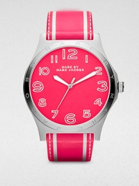 A bold style in sleek stainless steel and supple leather. Quartz movementWater resistant to 5 ATMRound stainless steel case, 43mm (1.7)Logo accented bezelPink dialNumeric hour markersSecond hand Printed pink leather strapImported A bold style in sleek stainless steel and supple leather. Quartz movementWater resistant to 5 ATMRound stainless steel case, 43mm (1.7)Logo accented bezelPink dialNumeric hour markersSecond hand Printed pink leather strapImported