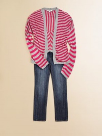 Brilliant, contrasting stripes brighten up an open-front cardigan for warmth and style.Waterfall frontLong sleevesPull-on styleRayonMachine washImported Brilliant, contrasting stripes brighten up an open-front cardigan for warmth and style.Waterfall frontLong sleevesPull-on styleRayonMachine washImported