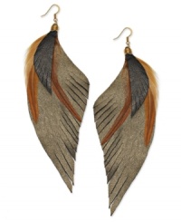 Unflappable fashion. Ali Khan's totally on-trend earrings style features leather feathers dyed in natural colors Set in gold tone mixed metal. Approximate drop: 5-1/2 inches. Unflappable fashion. Ali Khan's totally on-trend earrings style features leather feathers dyed in natural colors Set in gold tone mixed metal. Approximate drop: 5-1/2 inches.