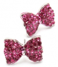 Adorable Bow Princess Stud Earrings with Sparkling Dark Pink Austrian Crystals