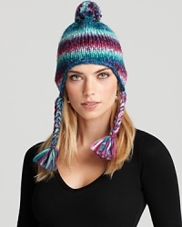 Hit the streets (or the slopes) in Aqua's chunky, space-dyed hat with cozy earflaps and a cute pom. Hit the streets (or the slopes) in Aqua's chunky, space-dyed hat with cozy earflaps and a cute pom.
