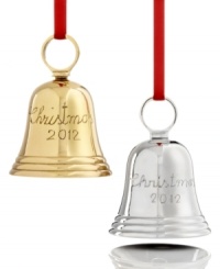 Mark the season with a classic brass or nickel-plated bell from Holiday Lane. Engraved with Christmas 2012, it guarantees an unforgettable holiday. Mark the season with a classic brass or nickel-plated bell from Holiday Lane. Engraved with Christmas 2012, it guarantees an unforgettable holiday.