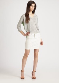 Luxe, lightweight knit constructed with a sheer chiffon back for subtle skin-baring chic.V necklineDropped shouldersElbow sleevesSheer backAbout 27 from shoulder to hemFront: rayon; back: 93% silk/7% spandexDry cleanMade in USAModel shown is 5'9½ (176cm) wearing US size Small.OUR FIT MODEL RECOMMENDS ordering true size. Luxe, lightweight knit constructed with a sheer chiffon back for subtle skin-baring chic.V necklineDropped shouldersElbow sleevesSheer backAbout 27 from shoulder to hemFront: rayon; back: 93% silk/7% spandexDry cleanMade in USAModel shown is 5'9½ (176cm) wearing US size Small.OUR FIT MODEL RECOMMENDS ordering true size.