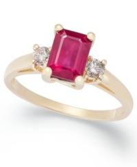 Look on the bright side. This beautiful ring features a three-stone design with an emerald-cut ruby (1-5/8 ct. t.w.) and round-cut diamond side stones (1/5 ct. t.w.). Set in 14k gold. Look on the bright side. This beautiful ring features a three-stone design with an emerald-cut ruby (1-5/8 ct. t.w.) and round-cut diamond side stones (1/5 ct. t.w.). Set in 14k gold.