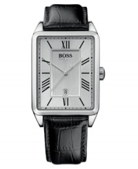 Boxy and masculine, this Hugo Boss watch offers both timeless style and quality. Black croc-embossed leather strap. Silvertone stainless steel square case and square silvertone dial with logo, date window and roman numeral indices. Quartz movement. Water resistant to 30 meters. Two-year limited warranty. Boxy and masculine, this Hugo Boss watch offers both timeless style and quality. Black croc-embossed leather strap. Silvertone stainless steel square case and square silvertone dial with logo, date window and roman numeral indices. Quartz movement. Water resistant to 30 meters. Two-year limited warranty.
