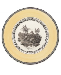 Mix and match, choosing from four patterns of black-and-white French country scenes and designs on white porcelain banded in yellow. Mix and match, choosing from four patterns of black-and-white French country scenes and designs on white porcelain banded in yellow.