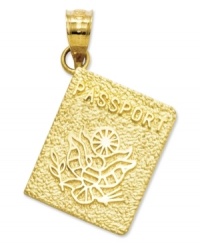 For world travelers and jetsetters alike, this passport charm offers a beautiful keepsake that gleams in 14k gold. Chain not included. Approximate drop length: 1 inch. Approximate drop width: 3/5 inch. For world travelers and jetsetters alike, this passport charm offers a beautiful keepsake that gleams in 14k gold. Chain not included. Approximate drop length: 1 inch. Approximate drop width: 3/5 inch.