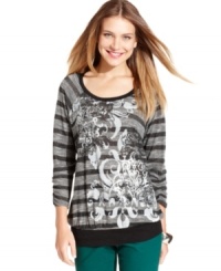 A scrolling print overlaps with graphic stripes on Style&co.'s casual petite tunic. A natural choice for pairing with this season's colored jeans and corduroys! A scrolling print overlaps with graphic stripes on Style&co.'s casual petite tunic. A natural choice for pairing with this season's colored jeans and corduroys!