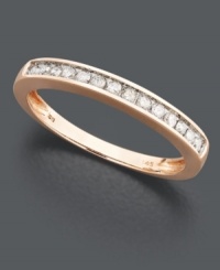 A hint of sparkle in sweet, caramel color. Set in trendy 14k rose gold, this delicate band features round-cut, channel-set diamonds (1/5 ct. t.w.). A hint of sparkle in sweet, caramel color. Set in trendy 14k rose gold, this delicate band features round-cut, channel-set diamonds (1/5 ct. t.w.).