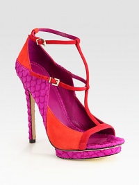 Suede t-strap sandal emboldened by contrasting fish-print leather trim and an island platform. Fish-print leather heel, 5 (125mm)Fish-print leather island platform, ½ (15mm)Compares to a 4½ heel (115mm)Suede and fish-print leather upperLeather lining and solePadded insoleImportedOUR FIT MODEL RECOMMENDS ordering one half size up as this style runs small. Suede t-strap sandal emboldened by contrasting fish-print leather trim and an island platform. Fish-print leather heel, 5 (125mm)Fish-print leather island platform, ½ (15mm)Compares to a 4½ heel (115mm)Suede and fish-print leather upperLeather lining and solePadded insoleImportedOUR FIT MODEL RECOMMENDS ordering one half size up as this style runs small.