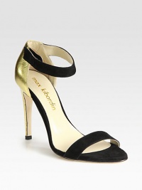 Luxe metallic leather pairs with soft suede in this ultra-seductive design. Metallic leather-covered heel, 4 (100mm)Suede and metallic leather upperAnkle strap with button closureLeather lining and solePadded insoleMade in Italy Luxe metallic leather pairs with soft suede in this ultra-seductive design. Metallic leather-covered heel, 4 (100mm)Suede and metallic leather upperAnkle strap with button closureLeather lining and solePadded insoleMade in Italy
