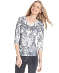 Make it a casual day with Style&co.'s henley tee. The intricate print and subtle studding give it an exciting update for fall. Make it a casual day with Style&co.'s henley tee. The intricate print and subtle studding give it an exciting update for fall.
