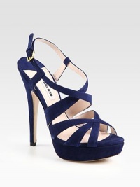 Adjustable suede straps accompanied by an ultra-high heel and platform. Self-covered heel, 5½ (140mm)Covered platform, 1¼ (30mm)Compares to a 4¼ heel (110mm)Suede upperLeather lining and solePadded insoleMade in ItalyOUR FIT MODEL RECOMMENDS ordering one half size up as this style runs small. Adjustable suede straps accompanied by an ultra-high heel and platform. Self-covered heel, 5½ (140mm)Covered platform, 1¼ (30mm)Compares to a 4¼ heel (110mm)Suede upperLeather lining and solePadded insoleMade in ItalyOUR FIT MODEL RECOMMENDS ordering one half size up as this style runs small.