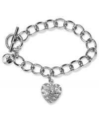 Set your heart on this darling bracelet from Jones New York. Embellished with shimmering pave glass accents. Finished with a toggle closure. Crafted in silver tone mixed metal. Approximate length: 7-1/2 inches. Includes gift box. Set your heart on this darling bracelet from Jones New York. Embellished with shimmering pave glass accents. Finished with a toggle closure. Crafted in silver tone mixed metal. Approximate length: 7-1/2 inches. Includes gift box.