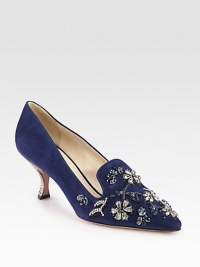 Suede point toe design with jewel embellishment and studded heel. Studded heel, 3 (75mm)Suede upper with jewel embellishmentLeather lining and solePadded insoleImported Suede point toe design with jewel embellishment and studded heel. Studded heel, 3 (75mm)Suede upper with jewel embellishmentLeather lining and solePadded insoleImported