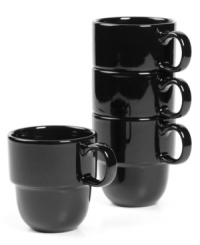 Keep the kitchen and table in check with Stax Living dinnerware. A sleek black glaze adorns mugs for everyday use, in a shape designed for efficient stacking and storage. Perfect for small spaces! Keep the kitchen and table in check with Stax Living dinnerware. A sleek black glaze adorns mugs for everyday use, in a shape designed for efficient stacking and storage. Perfect for small spaces!