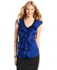 A generous ruffle gives Sunny Leigh's top a flirty, feminine feel. Perfect with a pencil skirt for work! (Clearance) A generous ruffle gives Sunny Leigh's top a flirty, feminine feel. Perfect with a pencil skirt for work! (Clearance)