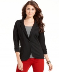 Feminine touches make this Style&co. jacket special, from ruched sleeves to a pretty lace lining at the inside. Feminine touches make this Style&co. jacket special, from ruched sleeves to a pretty lace lining at the inside.