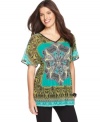 An allover scarf print adds a global-inspired appeal to this Alfani tunic -- perfect for spring style!