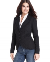 Style&co. revamps a blazer with luxe lace insets and a fitted silhouette. Dress up jeans or wear with black pants for evening! Style&co. revamps a blazer with luxe lace insets and a fitted silhouette. Dress up jeans or wear with black pants for evening!