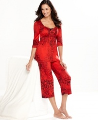 Let the pretty prints of Style&co's pajamas brighten up your day. The top features 3/4 length sleeves and a decorative trim around the v-neck while the roomy capri pants feature an elastic waistband. Let the pretty prints of Style&co's pajamas brighten up your day. The top features 3/4 length sleeves and a decorative trim around the v-neck while the roomy capri pants feature an elastic waistband.