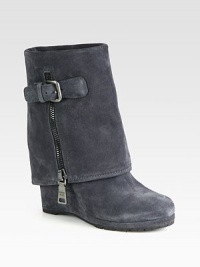 Suede wedge ankle boot with a foldover shaft and side zip closure. Self-covered wedge, 4 (100mm)Covered platform, ½ (15mm)Compares to a 3½ heel (90mm)Suede upperExposed side zip and adjustable strapLeather liningRubber trek solePadded insoleImported Suede wedge ankle boot with a foldover shaft and side zip closure. Self-covered wedge, 4 (100mm)Covered platform, ½ (15mm)Compares to a 3½ heel (90mm)Suede upperExposed side zip and adjustable strapLeather liningRubber trek solePadded insoleImported