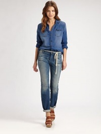 Straight from the streets of Amsterdam, this distressed flare-leg look boasts a high waist and signature stitching at the pockets for unending effortless cool.Robe beltBelt loopsZip-flyFront and back patch pocketsSeam above kneeRise, about 11Inseam, about 3298% cotton/2% elastaneMachine washImportedModel shown is 5'8½ (174cm) wearing US size 4. Straight from the streets of Amsterdam, this distressed flare-leg look boasts a high waist and signature stitching at the pockets for unending effortless cool.Robe beltBelt loopsZip-flyFront and back patch pocketsSeam above kneeRise, about 11Inseam, about 3298% cotton/2% elastaneMachine washImportedModel shown is 5'8½ (174cm) wearing US size 4.