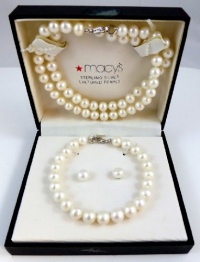 Macy's Sterling Silver Cultured Pearl Necklace, Earring & Bracelet Set Macy's Sterling Silver Cultured Pearl Necklace, Earring & Bracelet Set
