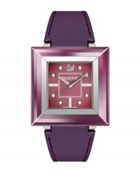 Prismatic purple creates a regal effect on this Rock 'n' Light watch by Swarovski. Prune-colored leather strap and square stainless steel case with amethyst satin crystal bezel. Prune-colored sunray dial features clear crystal markers, silver tone stick indices at three, six and nine o'clock, logo at twelve o'clock and two hands. Swiss quartz movement. Water resistant to 30 meters. Two-year limited warranty. Prismatic purple creates a regal effect on this Rock 'n' Light watch by Swarovski. Prune-colored leather strap and square stainless steel case with amethyst satin crystal bezel. Prune-colored sunray dial features clear crystal markers, silver tone stick indices at three, six and nine o'clock, logo at twelve o'clock and two hands. Swiss quartz movement. Water resistant to 30 meters. Two-year limited warranty.