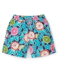 Brighten up the beach with a colorful pair of Vilebrequin swim trunks, patterned with a super-cool print of vibrant fruits to reflect your fun-in-the-sun vibe. Brighten up the beach with a colorful pair of Vilebrequin swim trunks, patterned with a super-cool print of vibrant fruits to reflect your fun-in-the-sun vibe.