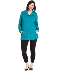 Snag a polished lounge look with Style&co. Sport's snap front plus size jacket-- it's a must-have for your weekend wear! Snag a polished lounge look with Style&co. Sport's snap front plus size jacket-- it's a must-have for your weekend wear!