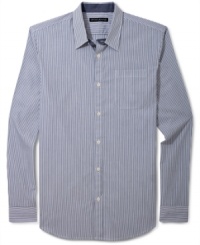 Thin stripes and a fitted design give this DKNY Jeans button down its put-together style. Thin stripes and a fitted design give this DKNY Jeans button down its put-together style.