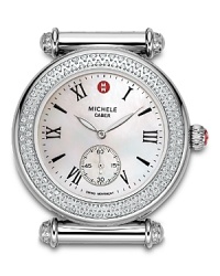 One hundred and forty glittering diamonds encircle this classic watch head. Roman numerals and the signature Michele logo grace the mother-of-pearl dial. Fits with any 18 mm and any Michele Caber bracelet strap. One hundred and forty glittering diamonds encircle this classic watch head. Roman numerals and the signature Michele logo grace the mother-of-pearl dial. Fits with any 18 mm and any Michele Caber bracelet strap.
