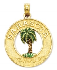 Cherish the beautiful Floridian city of Sarasota! Carved of 14k gold, this charm reads Sarasota and features a stoic palm tree with painted green enamel. Chain not included. Approximate drop length: 1 inch. Approximate drop width: 3/4 inch. Cherish the beautiful Floridian city of Sarasota! Carved of 14k gold, this charm reads Sarasota and features a stoic palm tree with painted green enamel. Chain not included. Approximate drop length: 1 inch. Approximate drop width: 3/4 inch.