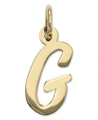 The perfect gift for Gina. This polished G initial charm features a pretty, small script design in 14k gold. Chain not included. Approximate length: 7/10 inch. Approximate width: 3/10 inch. The perfect gift for Gina. This polished G initial charm features a pretty, small script design in 14k gold. Chain not included. Approximate length: 7/10 inch. Approximate width: 3/10 inch.